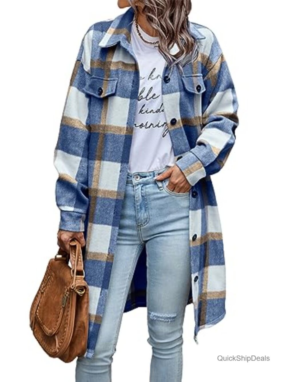 Women's Plaid Shacket Jacket Long Sleeve Button Down Flannel Coat with Pockets